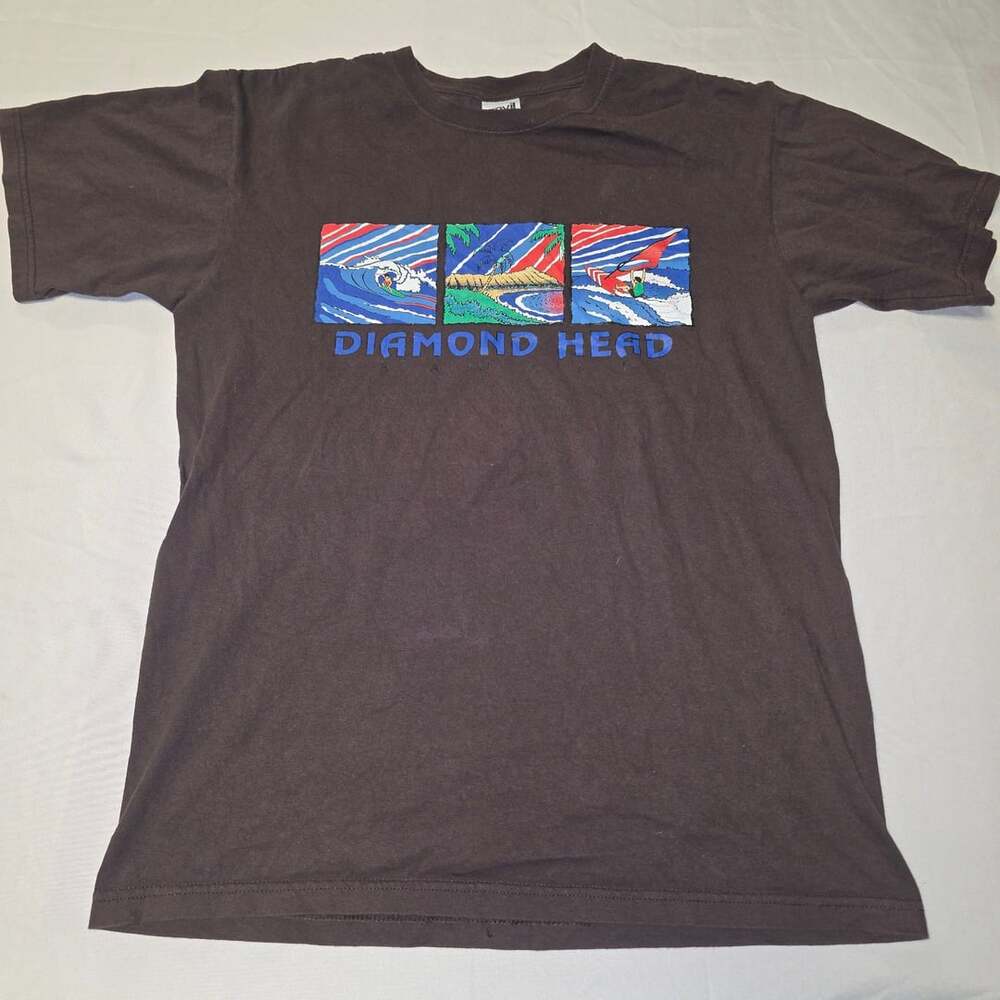 Vintage 90s Diamond Head Hawaii Surf Graphic T-Shirt Brown Medium